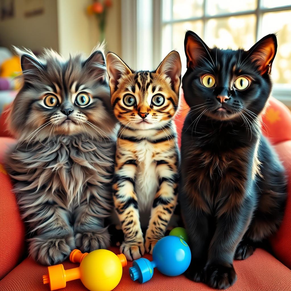 Three cute cats sitting together as if leading a meeting, each displaying wide-eyed expressions filled with curiosity and playfulness