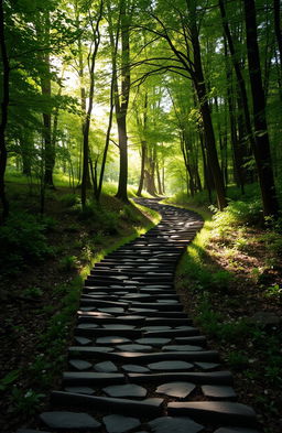 A serene and beautiful path winding through a lush green forest, composed of thousands of small, uneven steps made of stone, leading towards a bright, inviting light at the end of the path