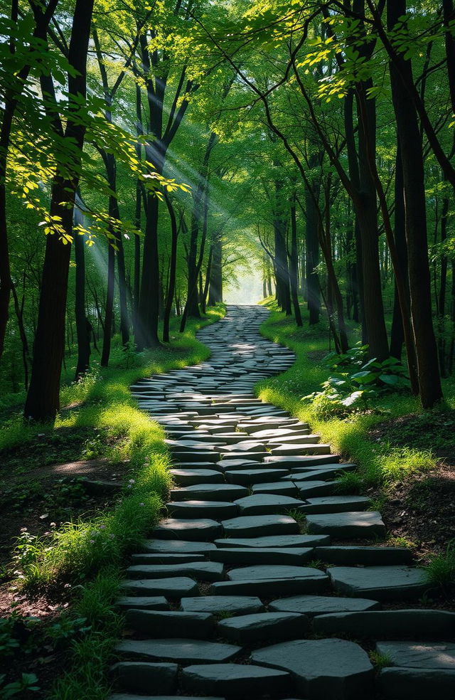 A serene and beautiful path winding through a lush green forest, composed of thousands of small, uneven steps made of stone, leading towards a bright, inviting light at the end of the path