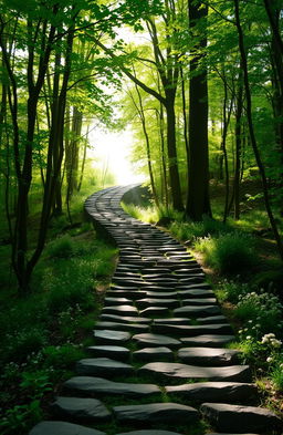 A serene and beautiful path winding through a lush green forest, composed of thousands of small, uneven steps made of stone, leading towards a bright, inviting light at the end of the path