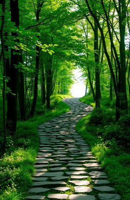 A serene and beautiful path winding through a lush green forest, composed of thousands of small, uneven steps made of stone, leading towards a bright, inviting light at the end of the path