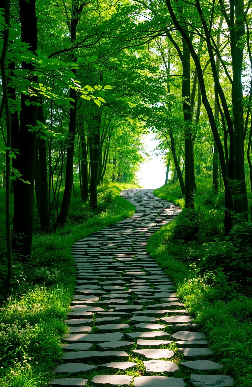 A serene and beautiful path winding through a lush green forest, composed of thousands of small, uneven steps made of stone, leading towards a bright, inviting light at the end of the path