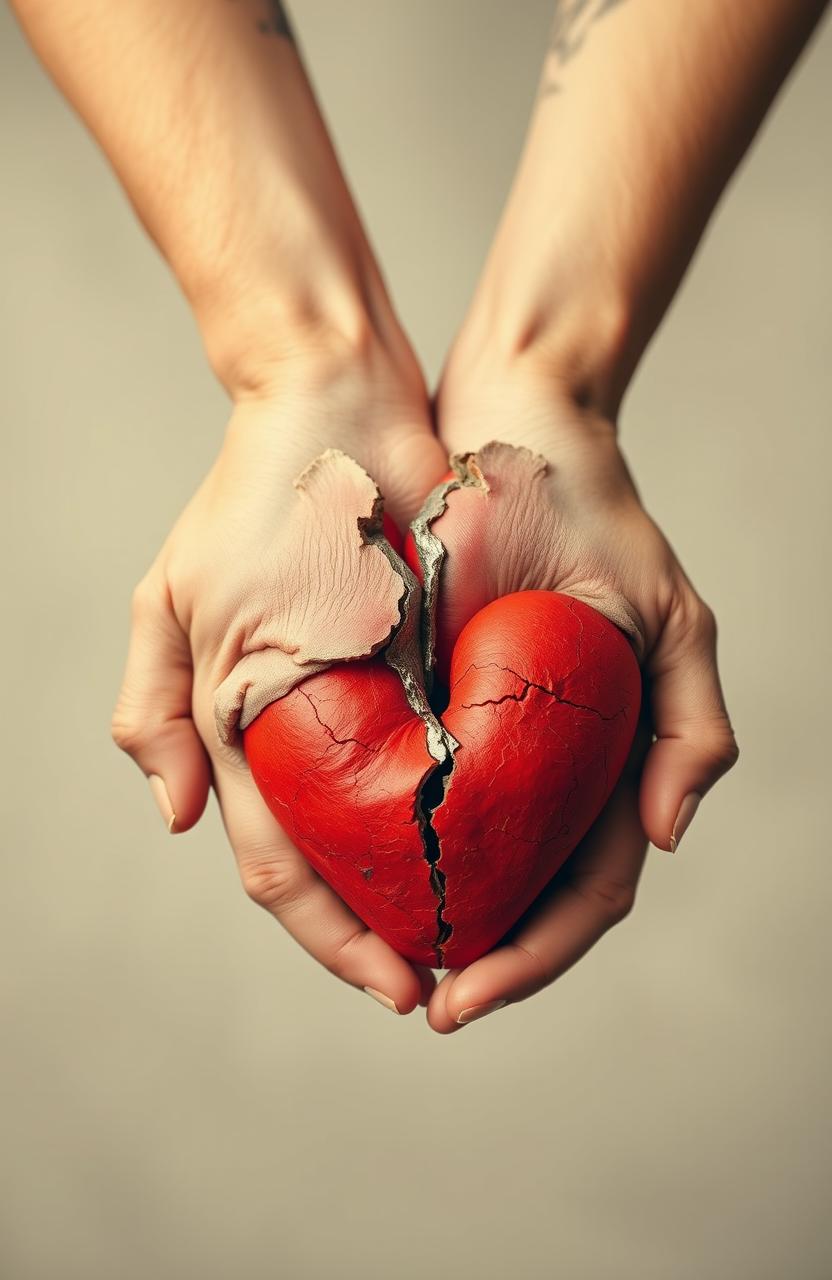 Two broken hearts symbolically joined together by two hands, conveying a sense of unity and healing