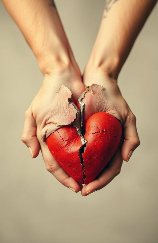 Two broken hearts symbolically joined together by two hands, conveying a sense of unity and healing