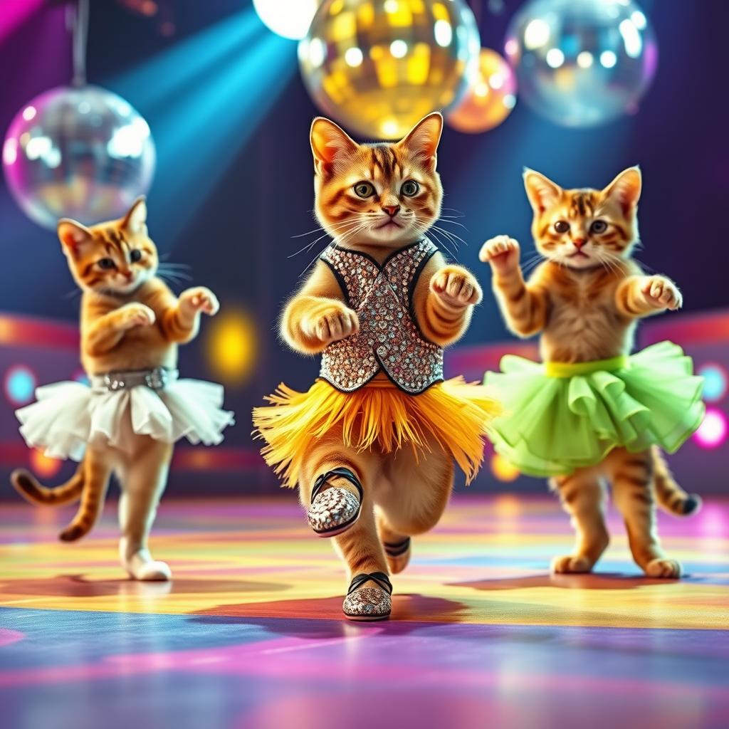 Three cats dressed as dancers, each in a vibrant, unique costume, preparing to dance on a colorful stage