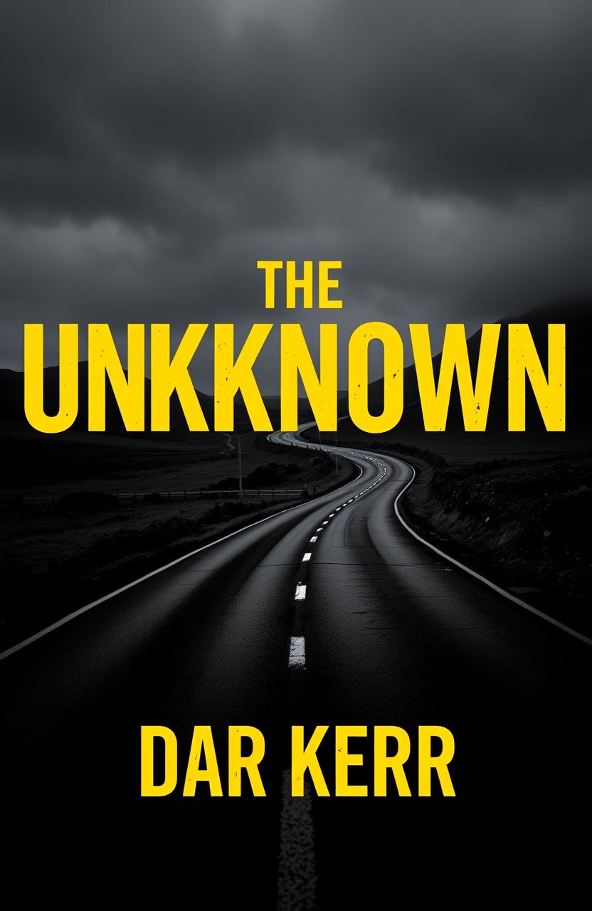 A suspenseful book cover design for a noir novel titled 'THE UNKNOWN' by 'DAR KERR'