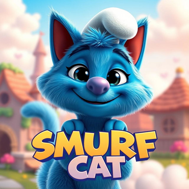A creative and playful movie logo for 'SMURF CAT', featuring a whimsical blue cartoon cat resembling a Smurf