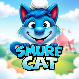 A creative and playful movie logo for 'SMURF CAT', featuring a whimsical blue cartoon cat resembling a Smurf