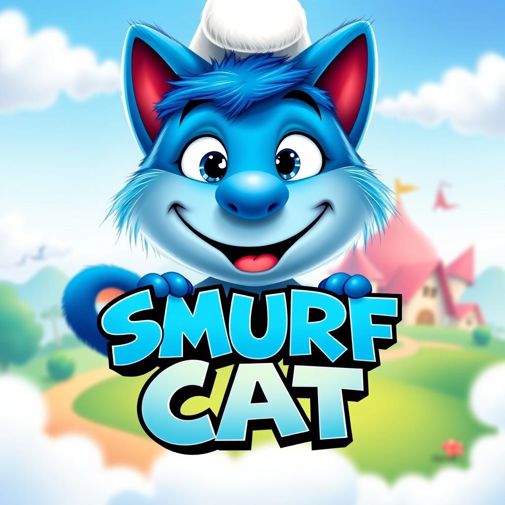 A creative and playful movie logo for 'SMURF CAT', featuring a whimsical blue cartoon cat resembling a Smurf