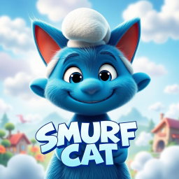 A creative and playful movie logo for 'SMURF CAT', featuring a whimsical blue cartoon cat resembling a Smurf