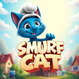 A creative and playful movie logo for 'SMURF CAT', featuring a whimsical blue cartoon cat resembling a Smurf