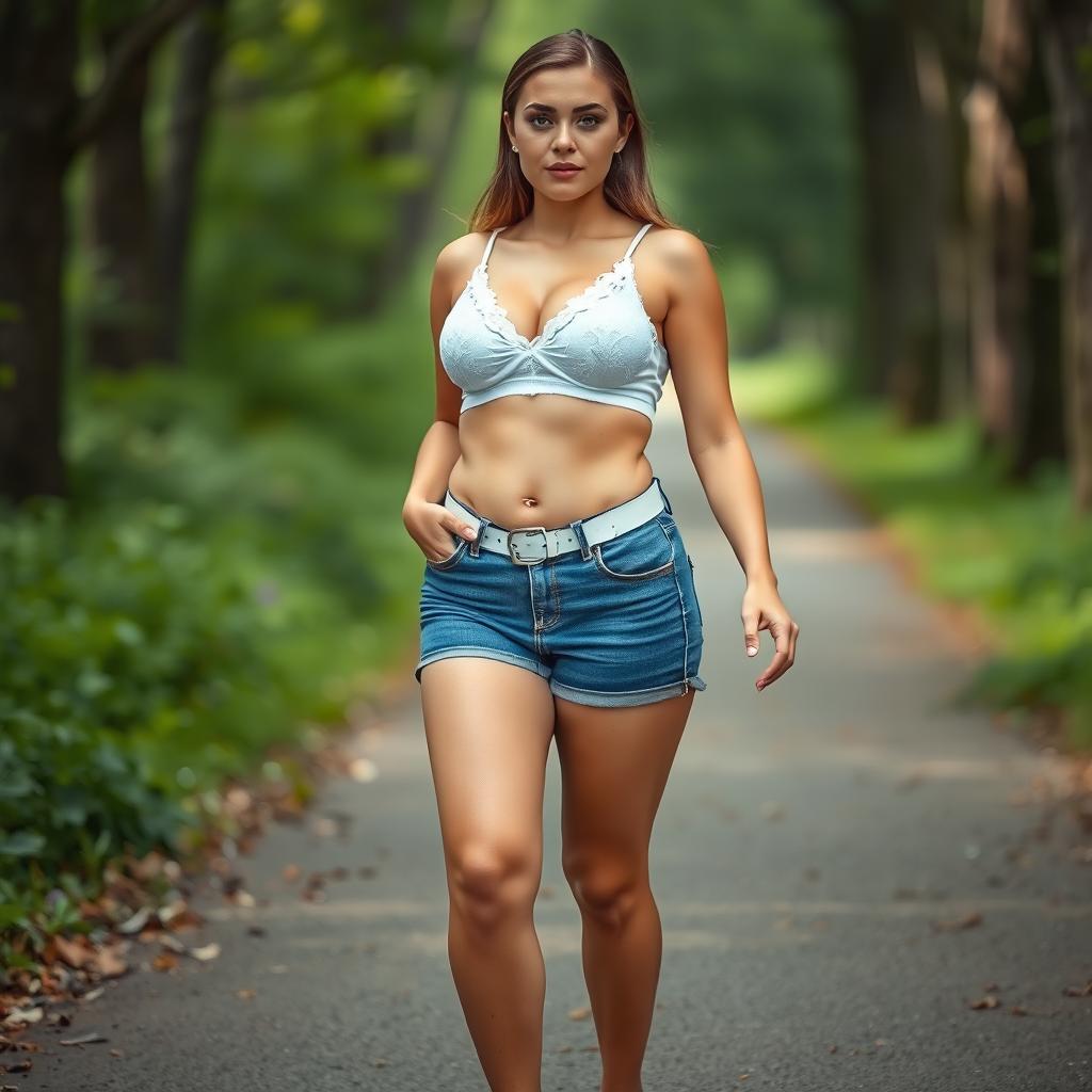 A beautiful, stunning, sexy 18-year-old woman with an attractive figure, featuring medium breasts and voluptuous wide hips