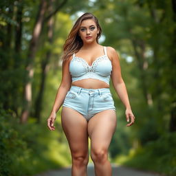 A beautiful, stunning, sexy 18-year-old woman with an attractive figure, featuring medium breasts and voluptuous wide hips