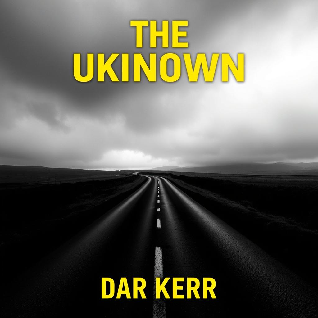A suspenseful book cover design for a noir novel titled 'THE UKNOWN' by 'DAR KERR'