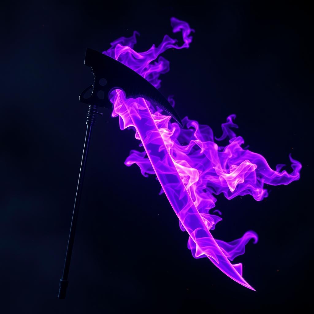 A scythe featuring an elegantly designed black handle that contrasts beautifully with a striking purple blade