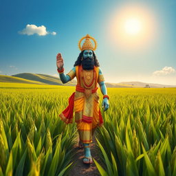 A serene scene depicting Lord Badrakali, elegantly walking through lush green rice fields under a clear blue sky