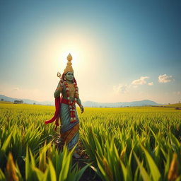 A serene scene depicting Lord Badrakali, elegantly walking through lush green rice fields under a clear blue sky