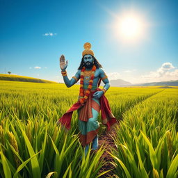 A serene scene depicting Lord Badrakali, elegantly walking through lush green rice fields under a clear blue sky