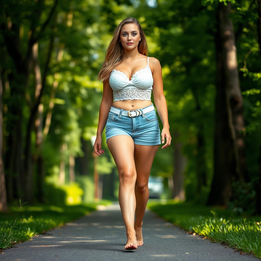 A beautiful, stunning, sexy 18-year-old woman with an attractive figure, featuring medium breasts and voluptuous wide hips