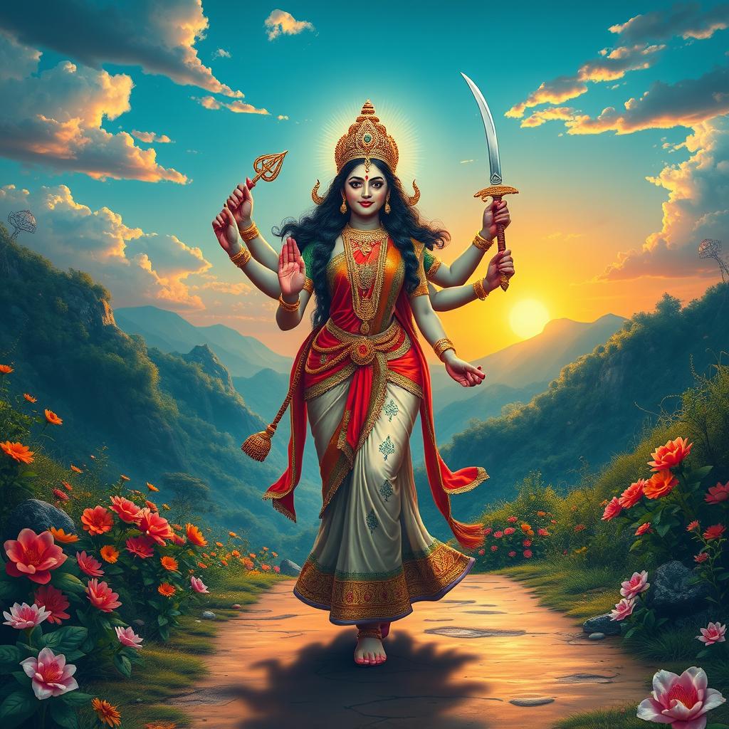 A majestic depiction of the Hindu goddess Durga walking gracefully through a vibrant landscape