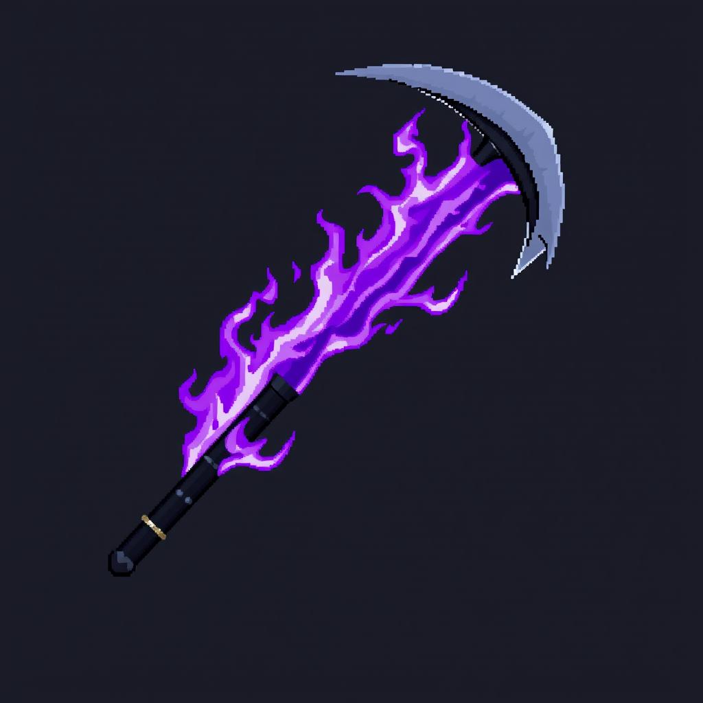 Pixel-art style depiction of a scythe featuring a black handle and a striking purple blade