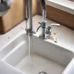 A detailed image of a leaking pipe under a kitchen sink amidst a mess of plumbing. Water droplets are captured mid-fall, creating a sense of urgency.