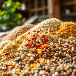 A close-up shot of various poultry feed additives arranged artistically
