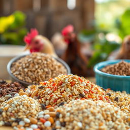 A close-up shot of various poultry feed additives arranged artistically