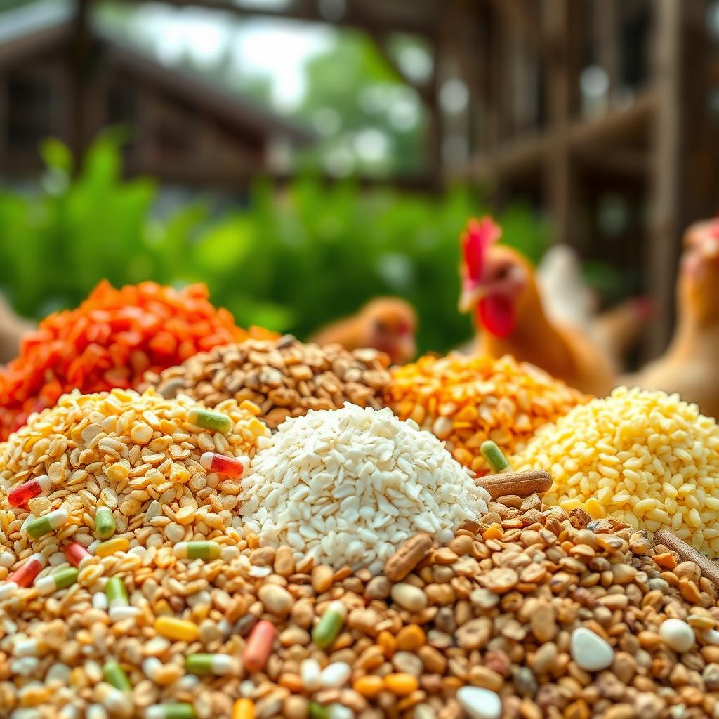 A close-up shot of various poultry feed additives arranged artistically