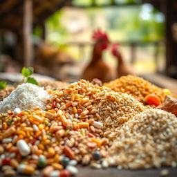 A close-up shot of various poultry feed additives arranged artistically