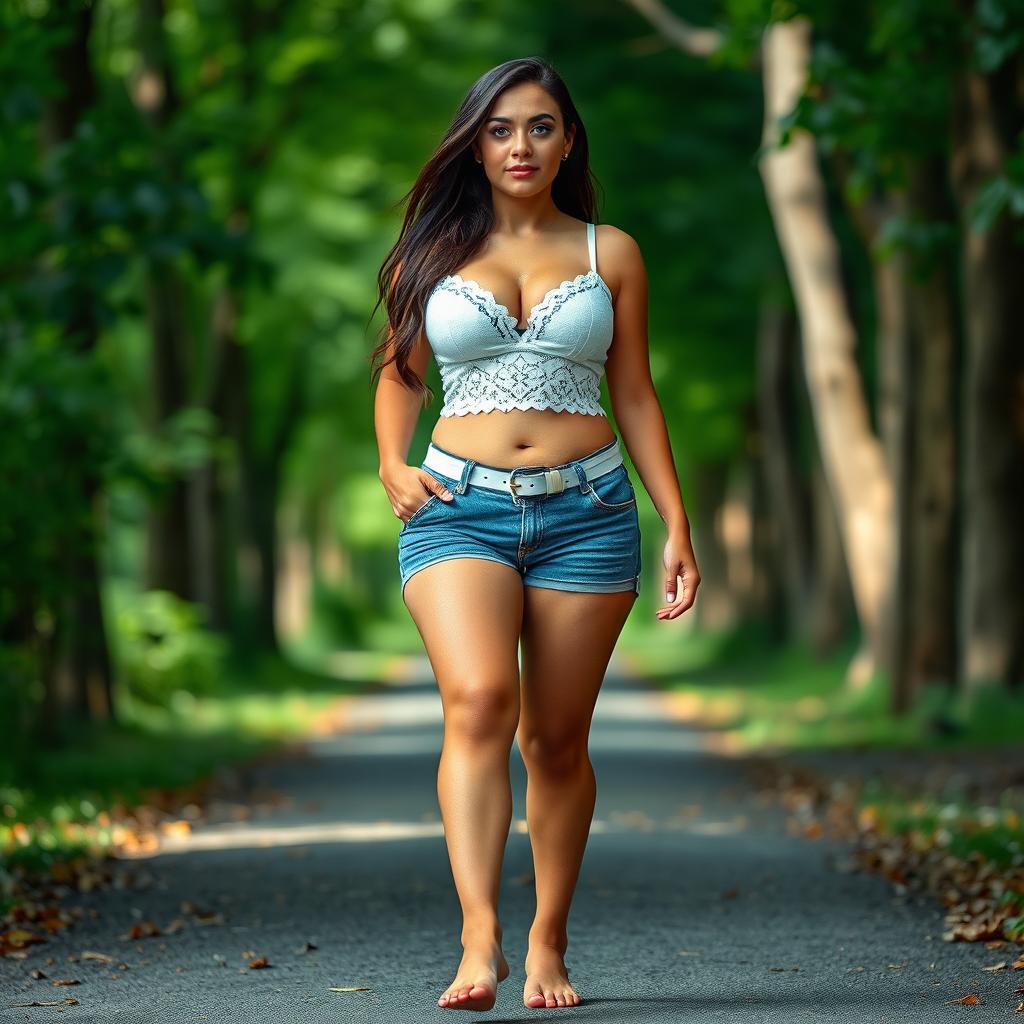 A beautiful, stunning, sexy 18-year-old woman with a captivating physique, featuring medium breasts and very fat, wide, thick bulging hips