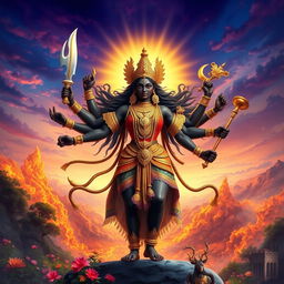 A powerful depiction of Badrakali, the fierce goddess, standing majestically in a dramatic pose