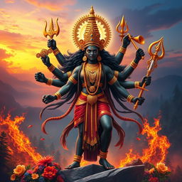 A powerful depiction of Badrakali, the fierce goddess, standing majestically in a dramatic pose