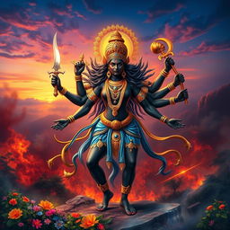 A powerful depiction of Badrakali, the fierce goddess, standing majestically in a dramatic pose