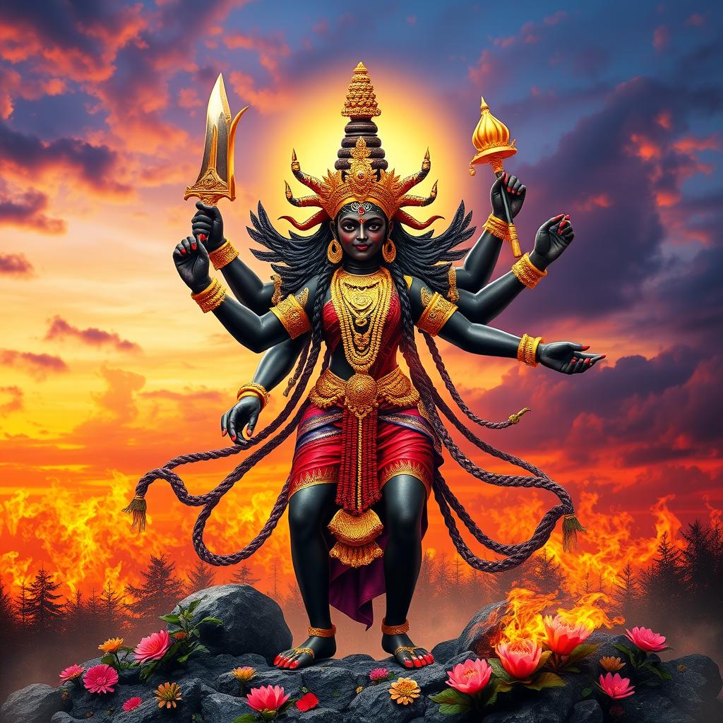 A powerful depiction of Badrakali, the fierce goddess, standing majestically in a dramatic pose