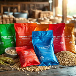 A visually appealing display of various poultry feed additives arranged neatly on a wooden table