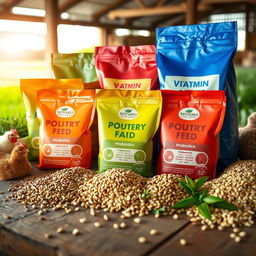 A visually appealing display of various poultry feed additives arranged neatly on a wooden table