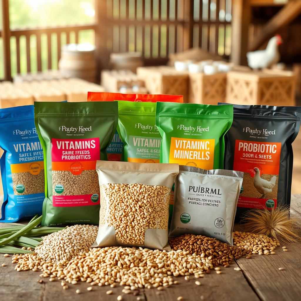 A visually appealing display of various poultry feed additives arranged neatly on a wooden table
