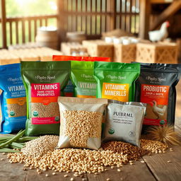 A visually appealing display of various poultry feed additives arranged neatly on a wooden table