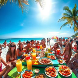 A vibrant beach scene filled with young people enjoying a festive event