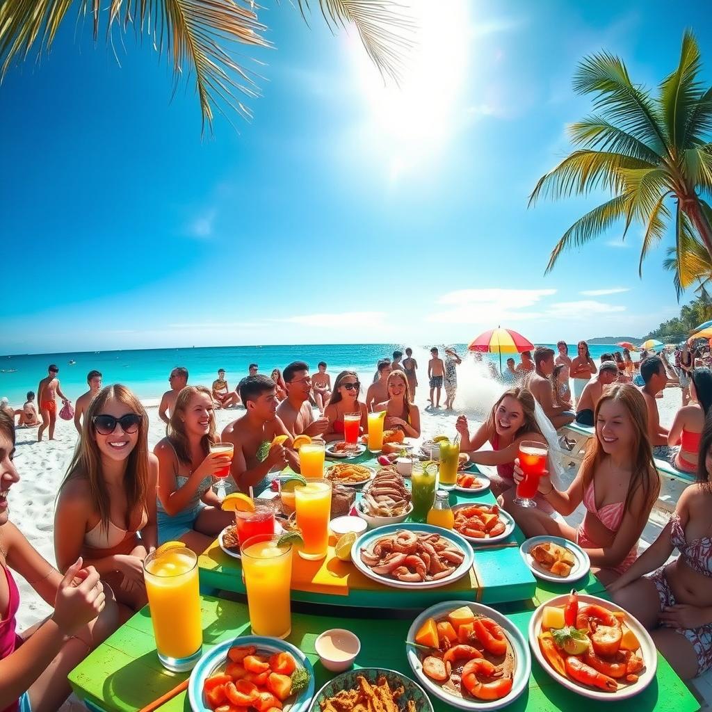 A vibrant beach scene filled with young people enjoying a festive event