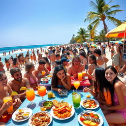 A vibrant beach scene filled with young people enjoying a festive event