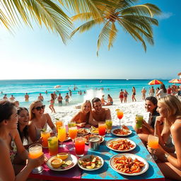 A vibrant beach scene filled with young people enjoying a festive event