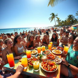 A vibrant beach scene filled with young people enjoying a festive event