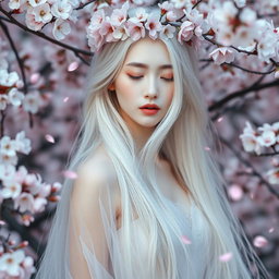 A full body portrait of a beautiful young Asian woman with porcelain white skin and long, flowing silvery white hair, elegantly adorned with a delicate crown made of cherry blossoms