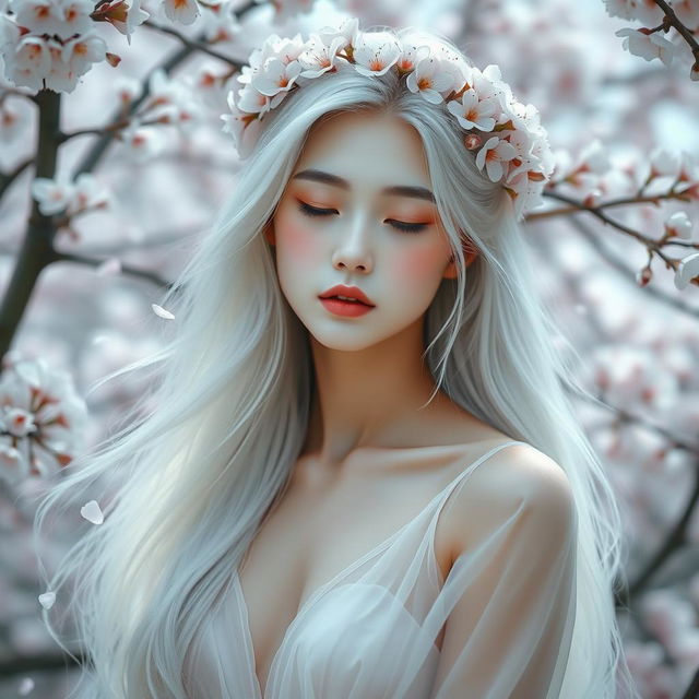 A full body portrait of a beautiful young Asian woman with porcelain white skin and long, flowing silvery white hair, elegantly adorned with a delicate crown made of cherry blossoms