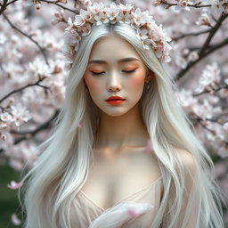 A full body portrait of a beautiful young Asian woman with porcelain white skin and long, flowing silvery white hair, elegantly adorned with a delicate crown made of cherry blossoms