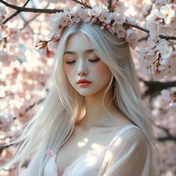 A full body portrait of a beautiful young Asian woman with porcelain white skin and long, flowing silvery white hair, elegantly adorned with a delicate crown made of cherry blossoms