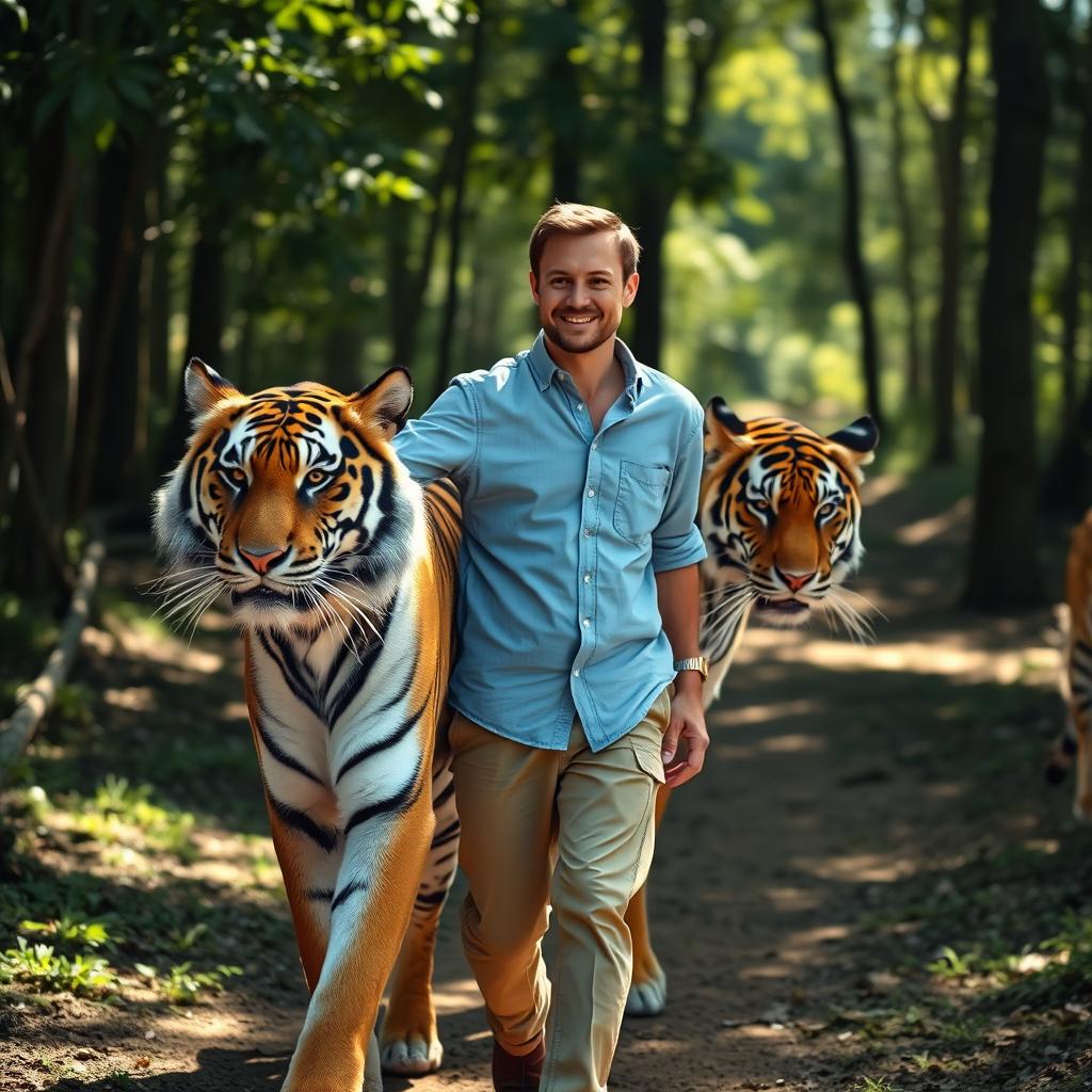 A man walking alongside a tiger in a peaceful forest setting