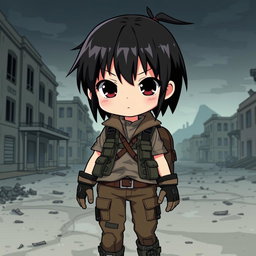 An anime character with black short hair and a cute face, wearing rugged clothes suitable for a zombie apocalypse